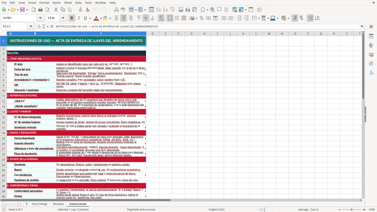 Captura 3: pestaña Instrucciones - Plantilla Excel acta de entrega de llaves del arrendamiento excel