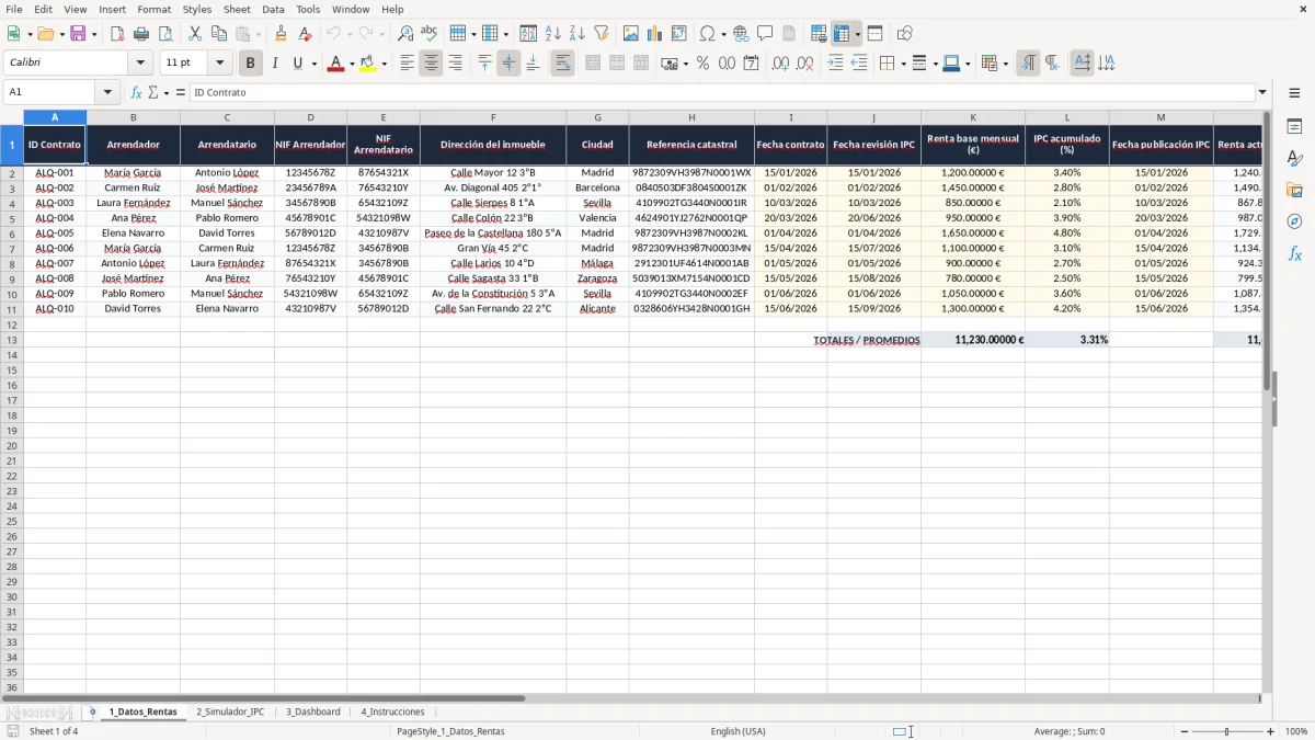 Captura 1: pestaña 1_Datos_Rentas - Plantilla Excel actualización de renta de alquiler por IPC excel