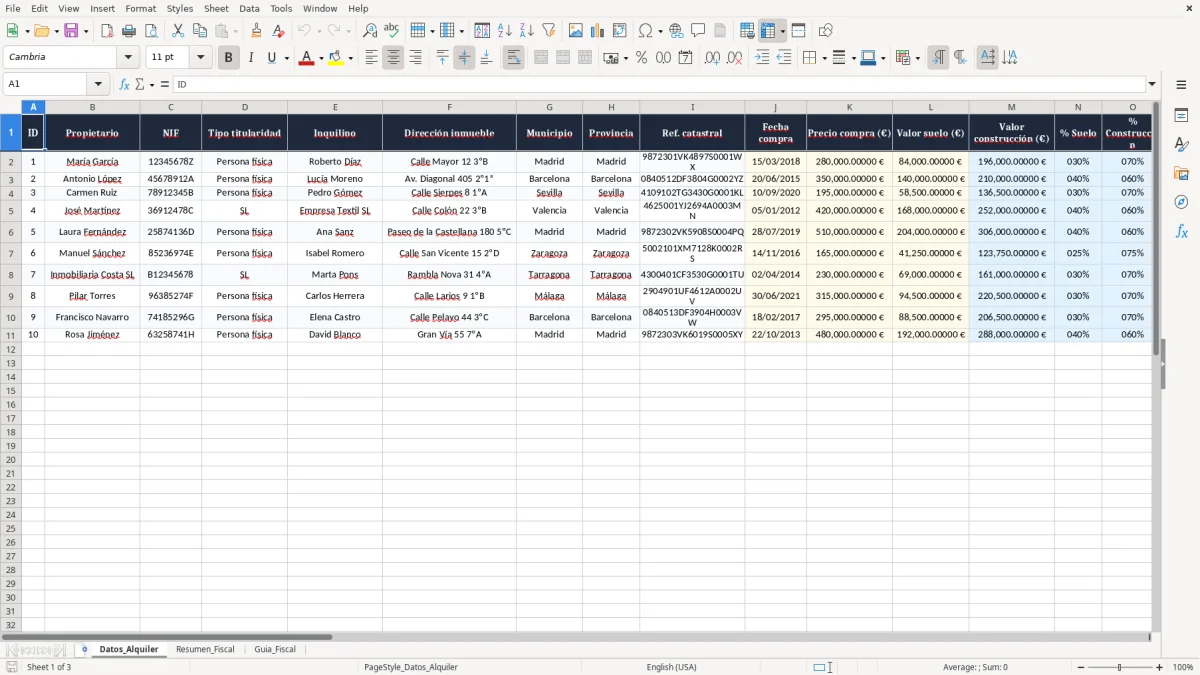 Captura 1: pestaña Datos_Alquiler - Plantilla Excel amortización del 3 por ciento del inmueble alquilado excel