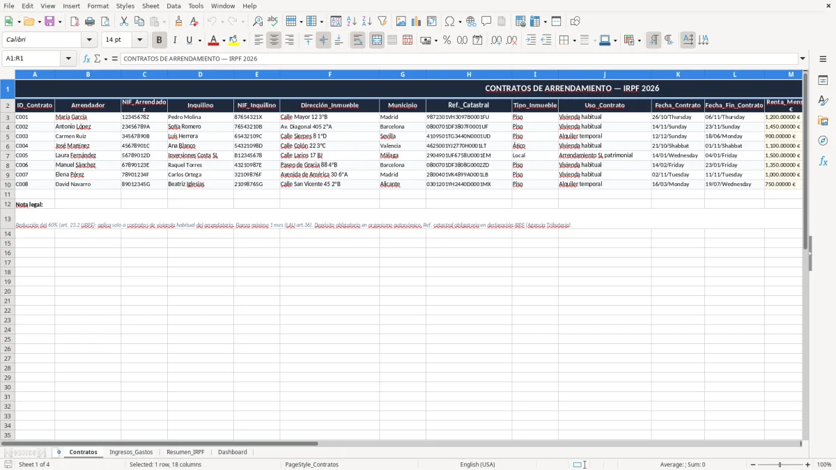 Captura 1: pestaña Contratos - Plantilla Excel cálculo del rendimiento neto del alquiler para IRPF excel