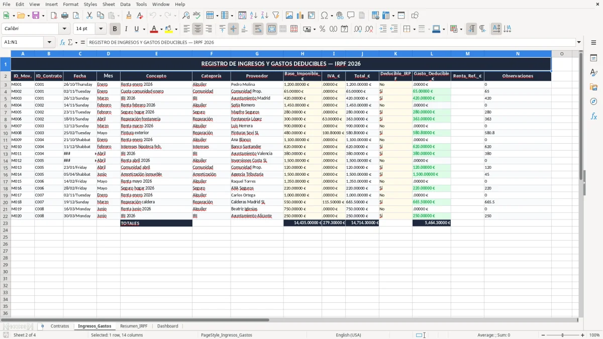 Captura 2: pestaña Ingresos_Gastos - Plantilla Excel cálculo del rendimiento neto del alquiler para IRPF excel