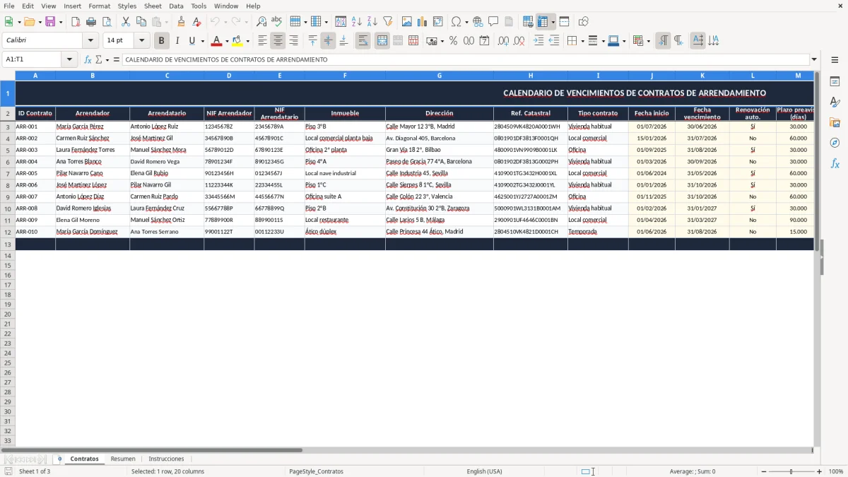 Captura 1: pestaña Contratos - Plantilla Excel calendario de vencimientos de contratos de arrendamiento excel