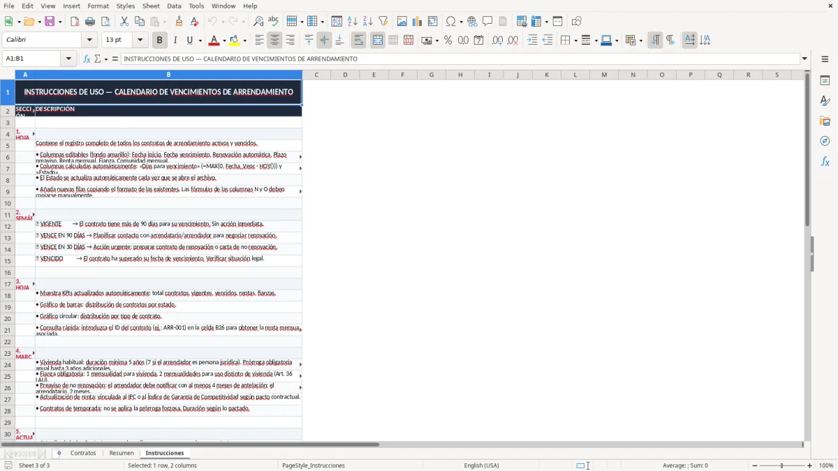 Captura 3: pestaña Instrucciones - Plantilla Excel calendario de vencimientos de contratos de arrendamiento excel