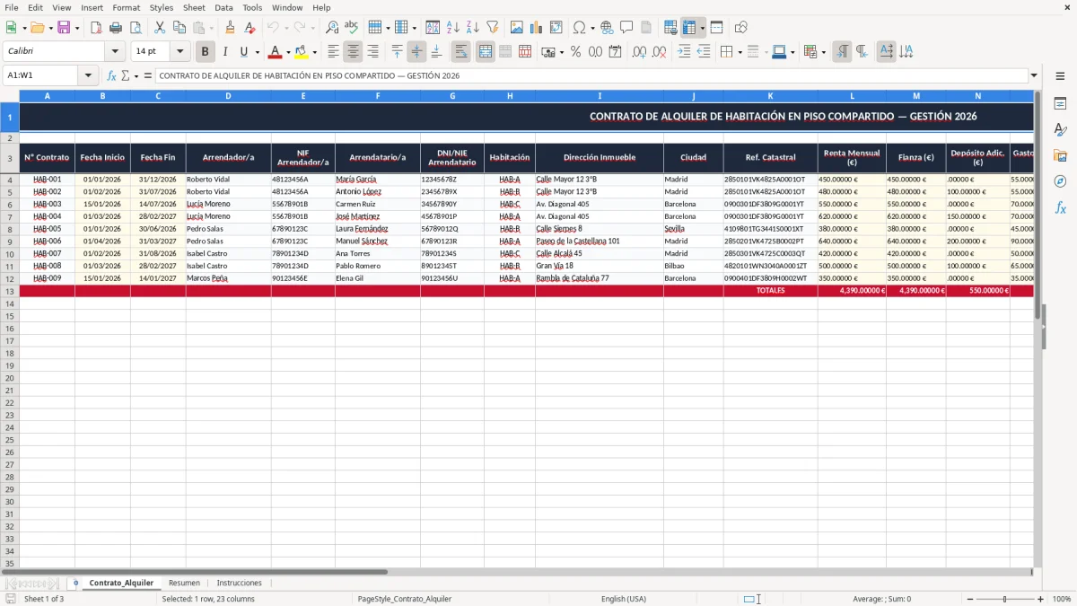 Captura 1: pestaña Contrato_Alquiler - Plantilla Excel contrato de alquiler de habitación en piso compartido excel