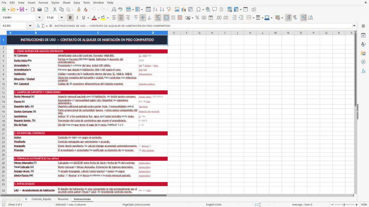 Captura 3: pestaña Instrucciones - Plantilla Excel contrato de alquiler de habitación en piso compartido excel