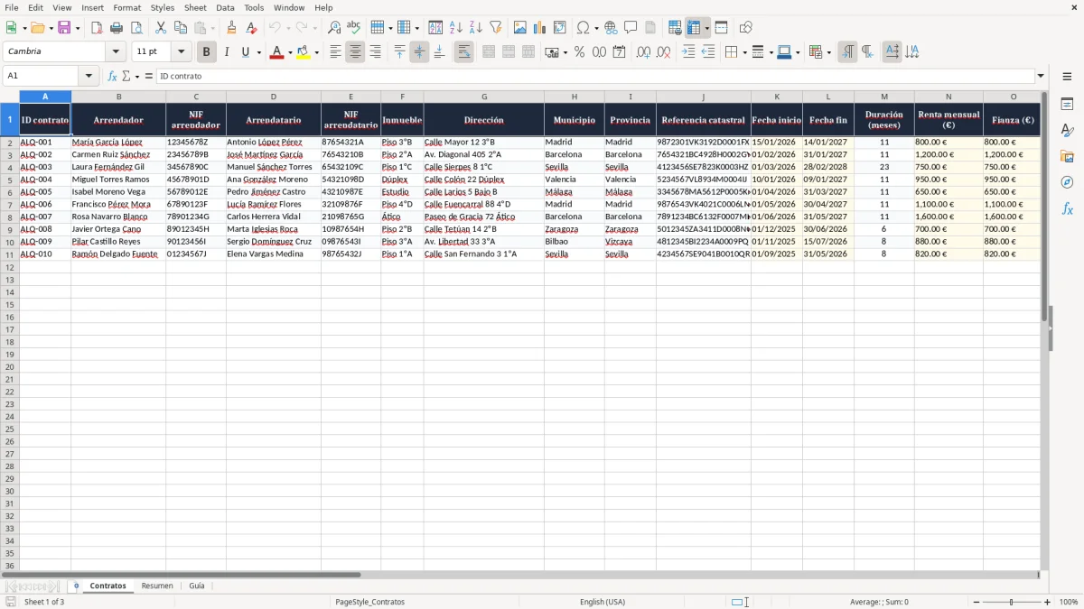 Captura 1: pestaña Contratos - Plantilla Excel contrato de alquiler de vivienda habitual excel