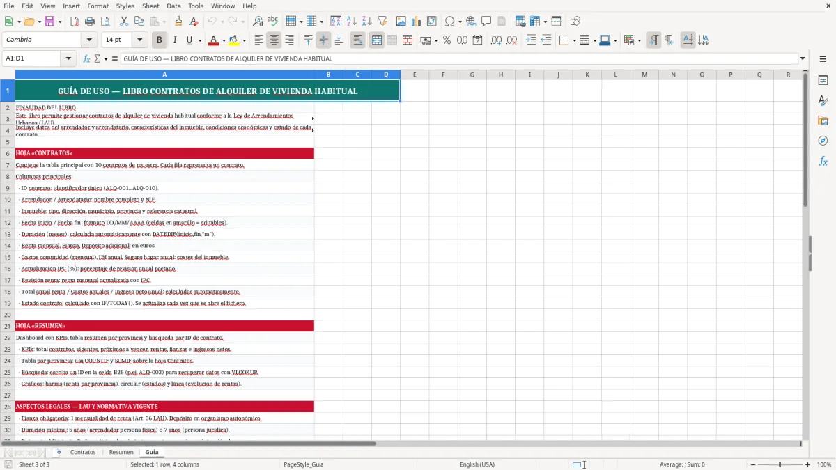 Captura 3: pestaña Guía - Plantilla Excel contrato de alquiler de vivienda habitual excel