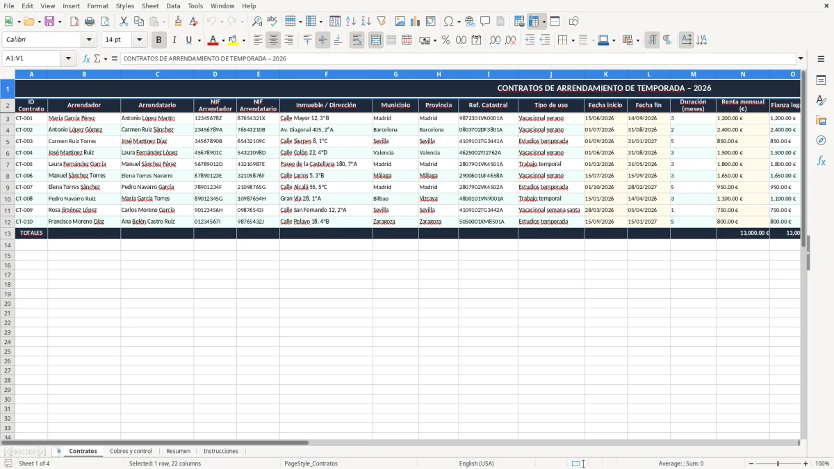 Captura 1: pestaña Contratos - Plantilla Excel contrato de arrendamiento de temporada plantilla excel