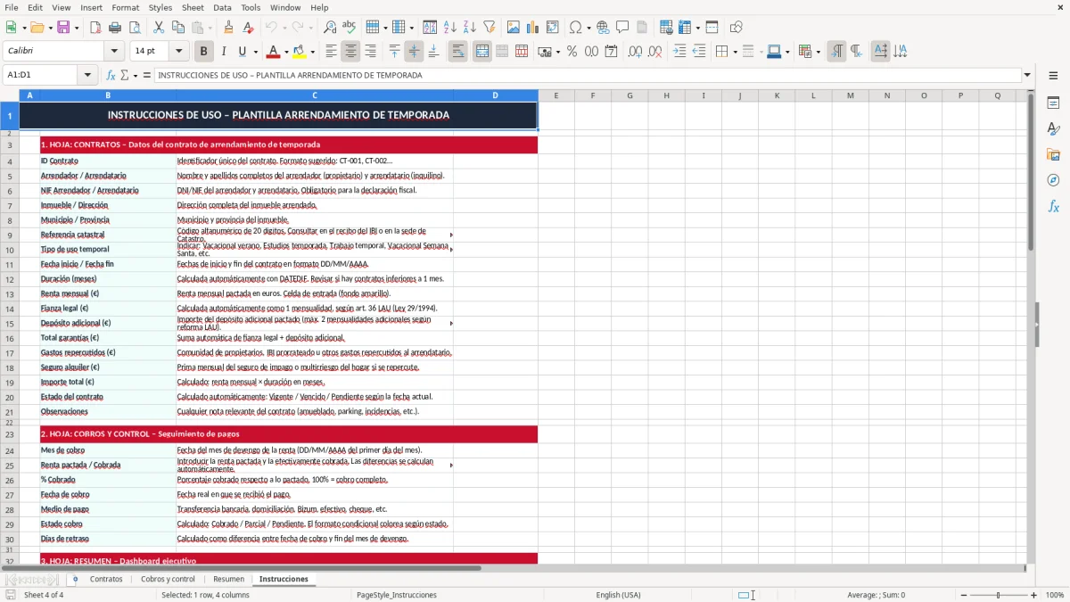 Captura 4: pestaña Instrucciones - Plantilla Excel contrato de arrendamiento de temporada plantilla excel