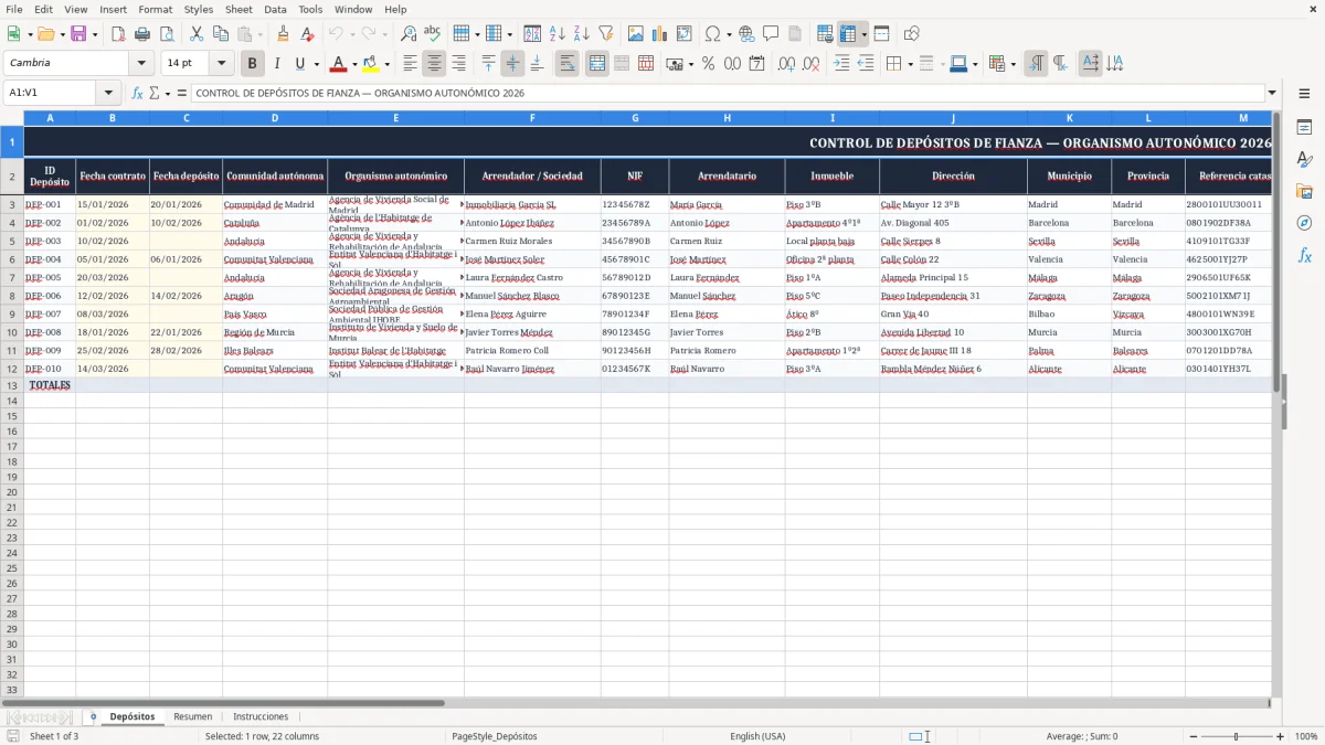 Captura 1: pestaña Depósitos - Plantilla Excel control de depósitos de fianza en organismo autonómico excel