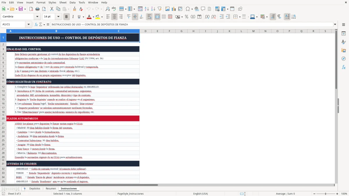 Captura 3: pestaña Instrucciones - Plantilla Excel control de depósitos de fianza en organismo autonómico excel