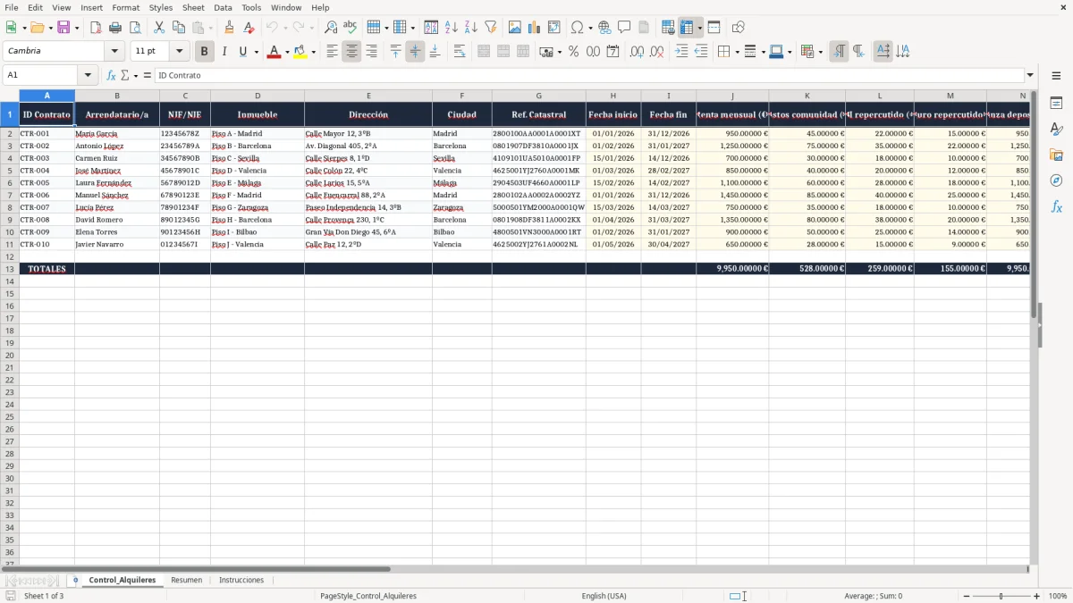 Captura 1: pestaña Control_Alquileres - Plantilla Excel control de ingresos por alquiler de pisos plantilla excel