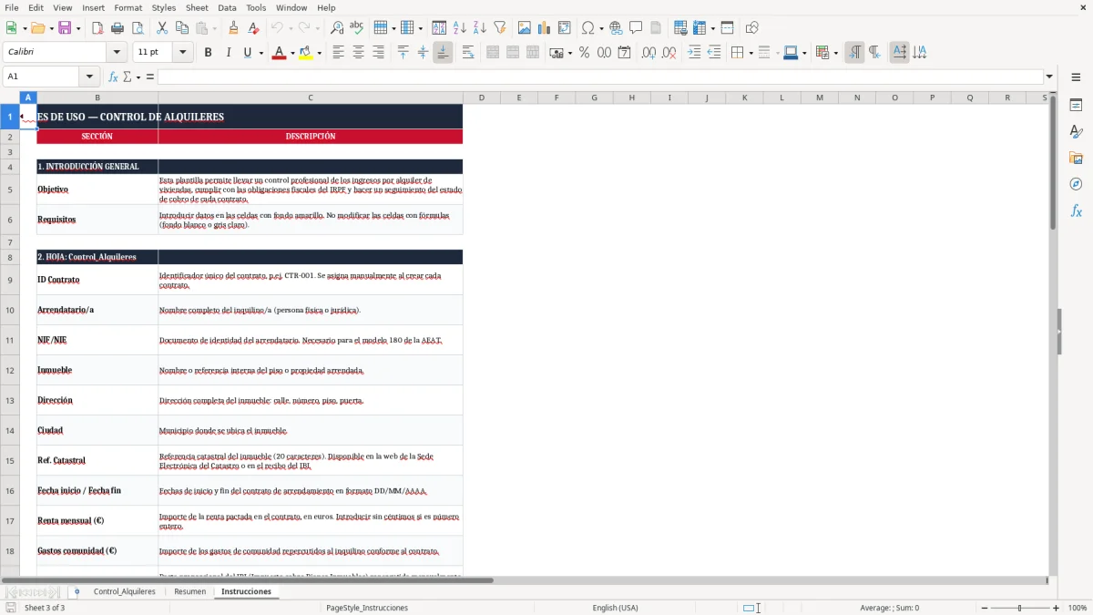 Captura 3: pestaña Instrucciones - Plantilla Excel control de ingresos por alquiler de pisos plantilla excel