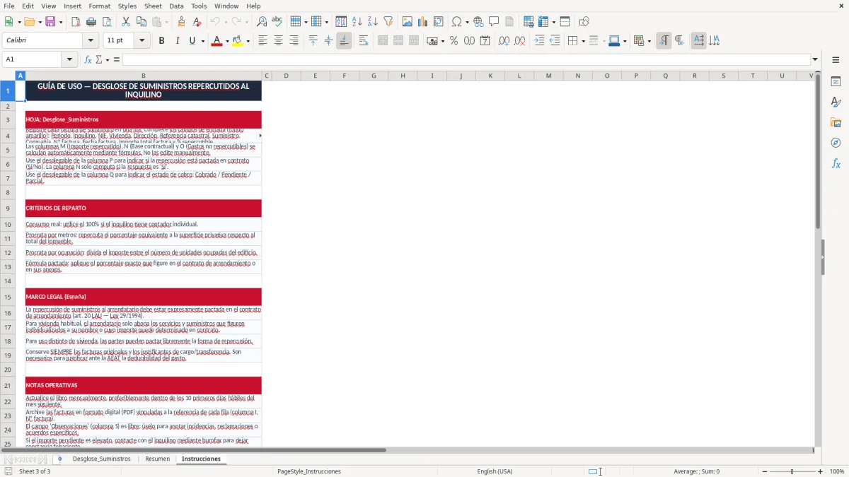 Captura 3: pestaña Instrucciones - Plantilla Excel desglose de suministros repercutidos al inquilino excel