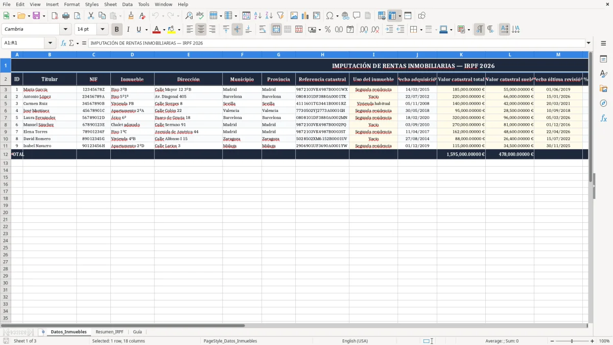 Captura 1: pestaña Datos_Inmuebles - Plantilla Excel imputación de rentas inmobiliarias en la renta excel