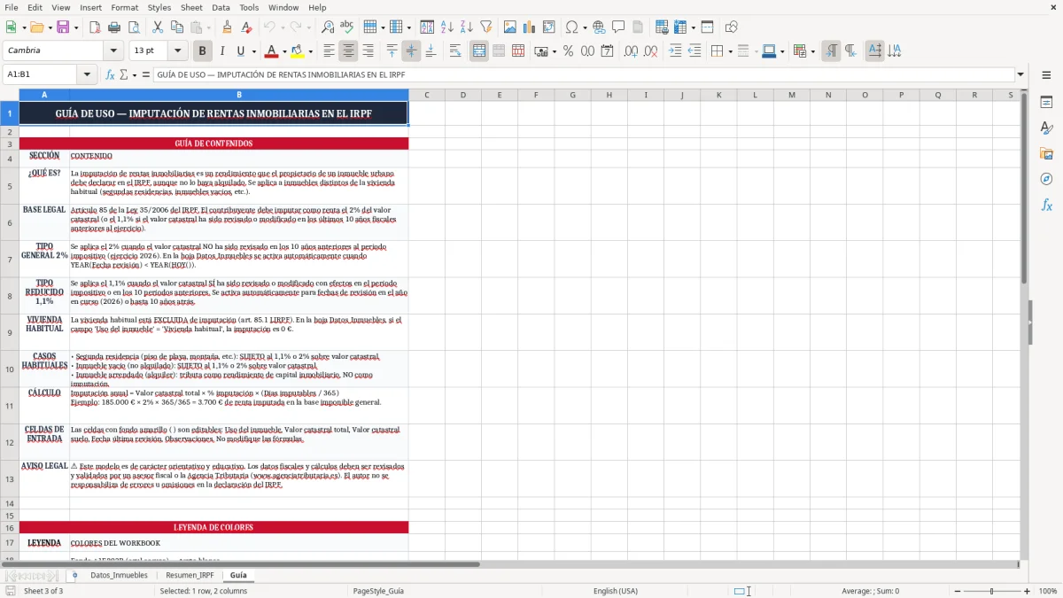 Captura 3: pestaña Guía - Plantilla Excel imputación de rentas inmobiliarias en la renta excel