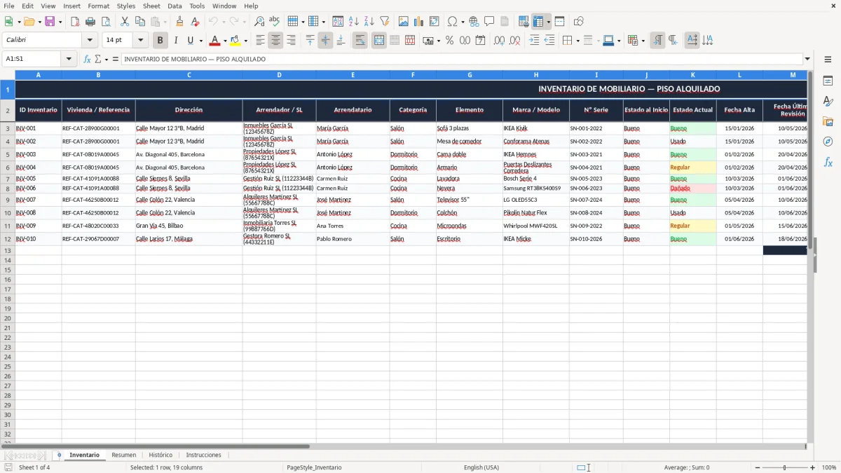 Captura 1: pestaña Inventario - Plantilla Excel inventario de mobiliario para piso alquilado excel