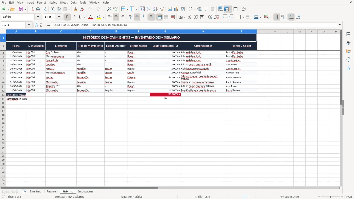Captura 3: pestaña Histórico - Plantilla Excel inventario de mobiliario para piso alquilado excel
