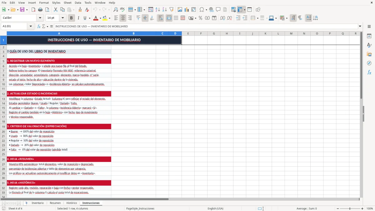 Captura 4: pestaña Instrucciones - Plantilla Excel inventario de mobiliario para piso alquilado excel