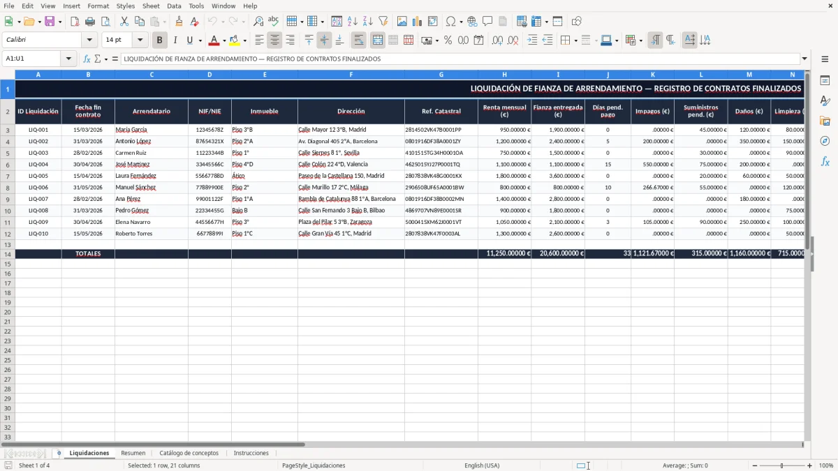 Captura 1: pestaña Liquidaciones - Plantilla Excel liquidación de fianza de arrendamiento excel