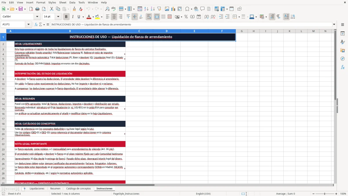 Captura 4: pestaña Instrucciones - Plantilla Excel liquidación de fianza de arrendamiento excel