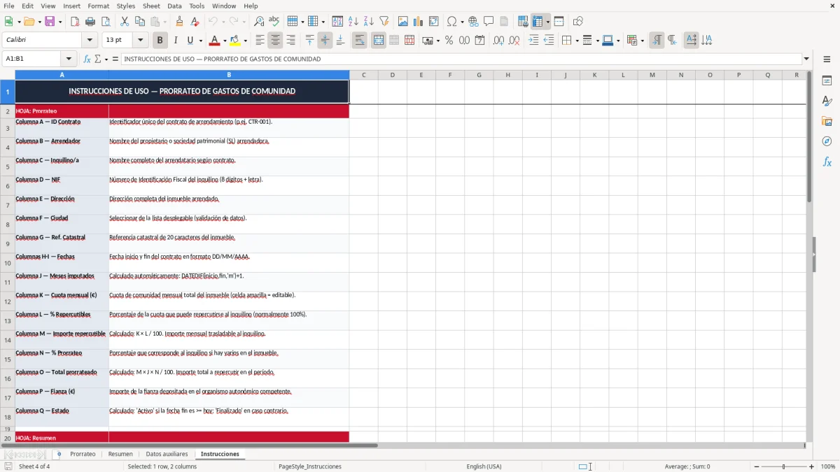 Captura 4: pestaña Instrucciones - Plantilla Excel prorrateo de gastos de comunidad entre inquilinos excel