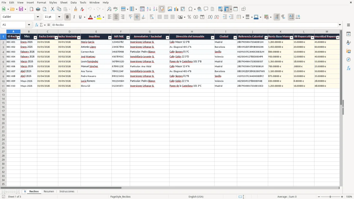 Captura 1: pestaña Recibos - Plantilla Excel recibo mensual de alquiler para inquilino excel