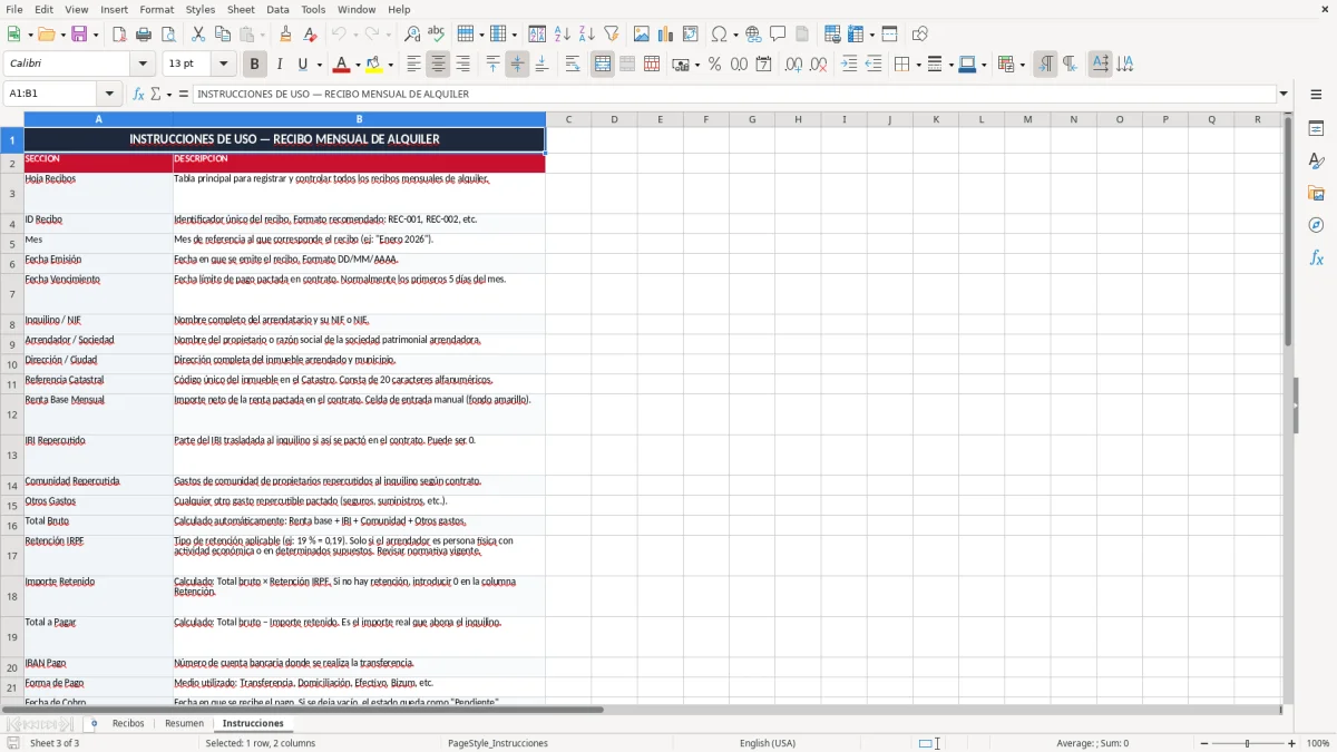 Captura 3: pestaña Instrucciones - Plantilla Excel recibo mensual de alquiler para inquilino excel
