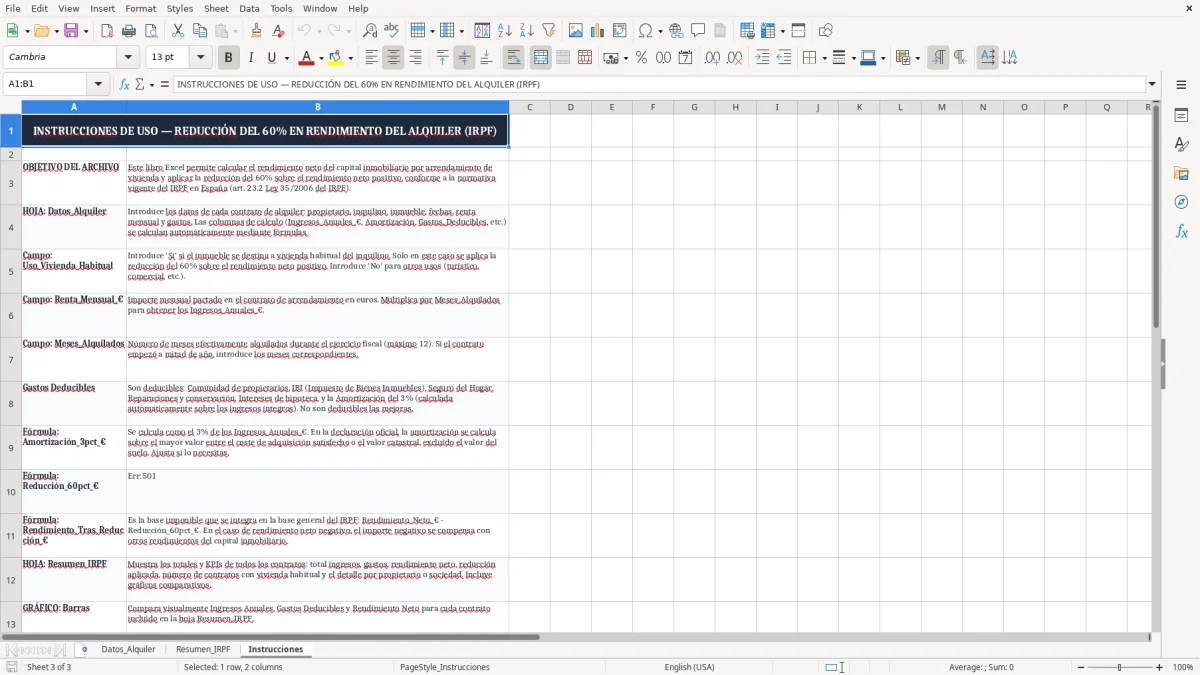 Captura 3: pestaña Instrucciones - Plantilla Excel reducción del 60 por ciento en rendimiento del alquiler excel