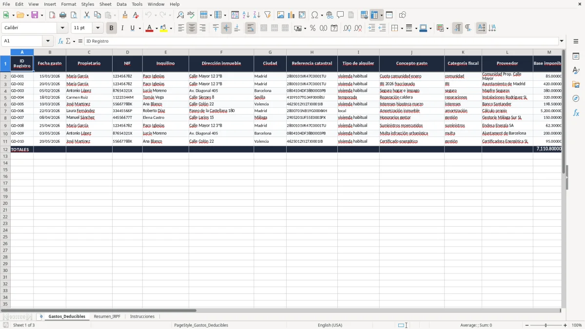 Captura 1: pestaña Gastos_Deducibles - Plantilla Excel registro de gastos deducibles del alquiler excel