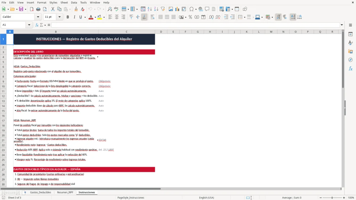 Captura 3: pestaña Instrucciones - Plantilla Excel registro de gastos deducibles del alquiler excel