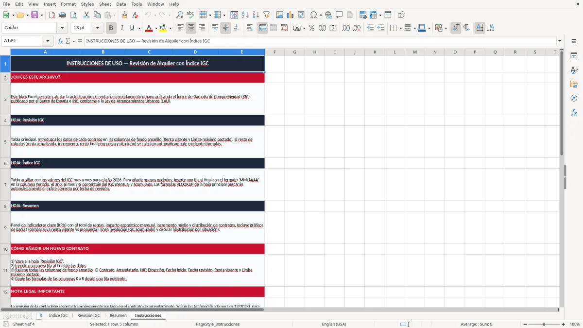 Captura 4: pestaña Instrucciones - Plantilla Excel revisión de alquiler con índice IGC excel