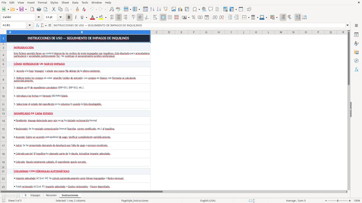 Captura 3: pestaña Instrucciones - Plantilla Excel seguimiento de impagos de inquilinos excel