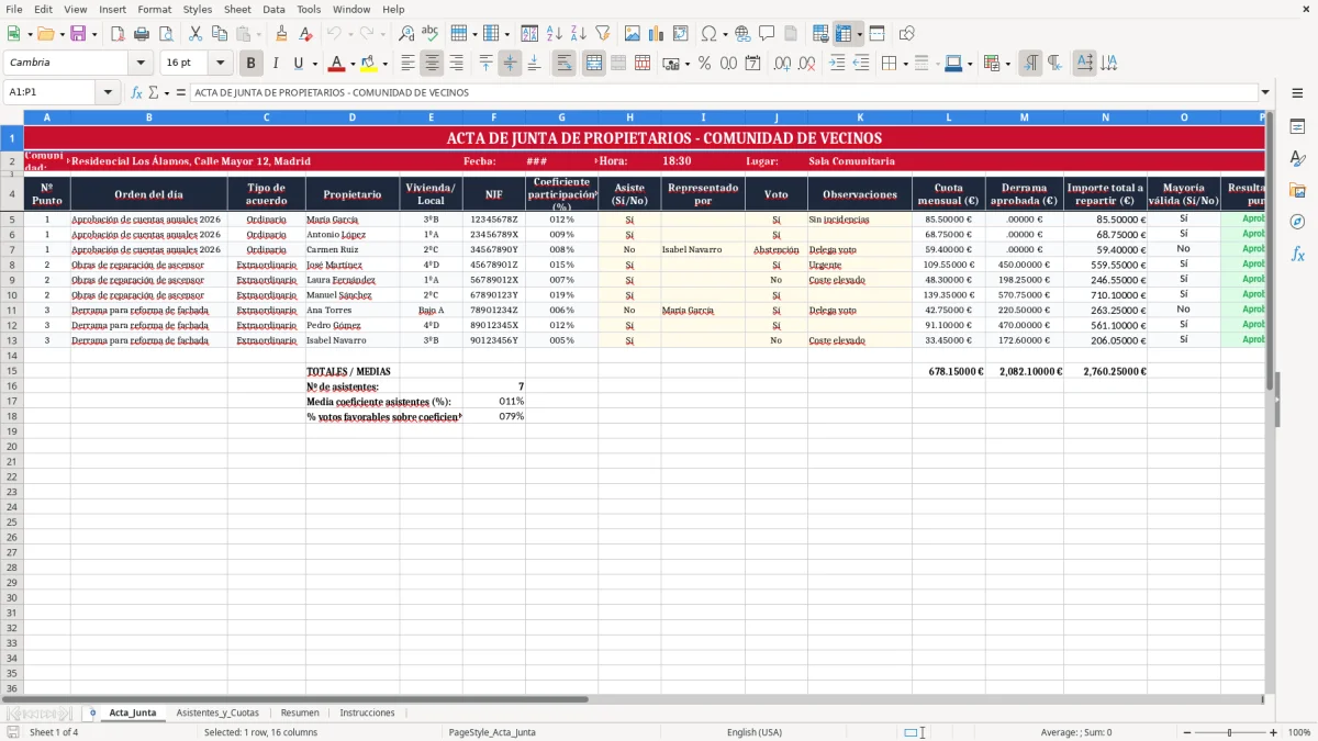 Captura 1: pestaña Acta_Junta - Plantilla Excel acta de junta de propietarios plantilla excel