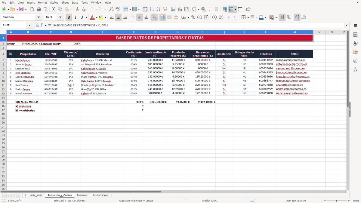 Captura 2: pestaña Asistentes_y_Cuotas - Plantilla Excel acta de junta de propietarios plantilla excel