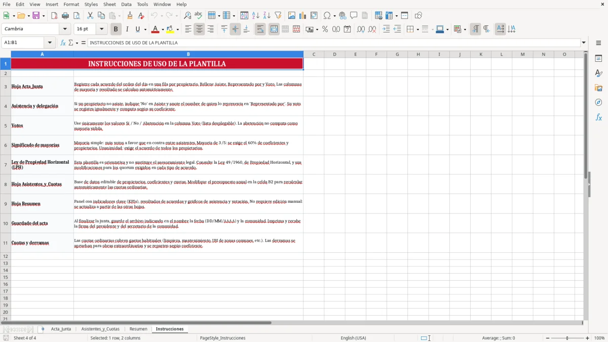 Captura 4: pestaña Instrucciones - Plantilla Excel acta de junta de propietarios plantilla excel