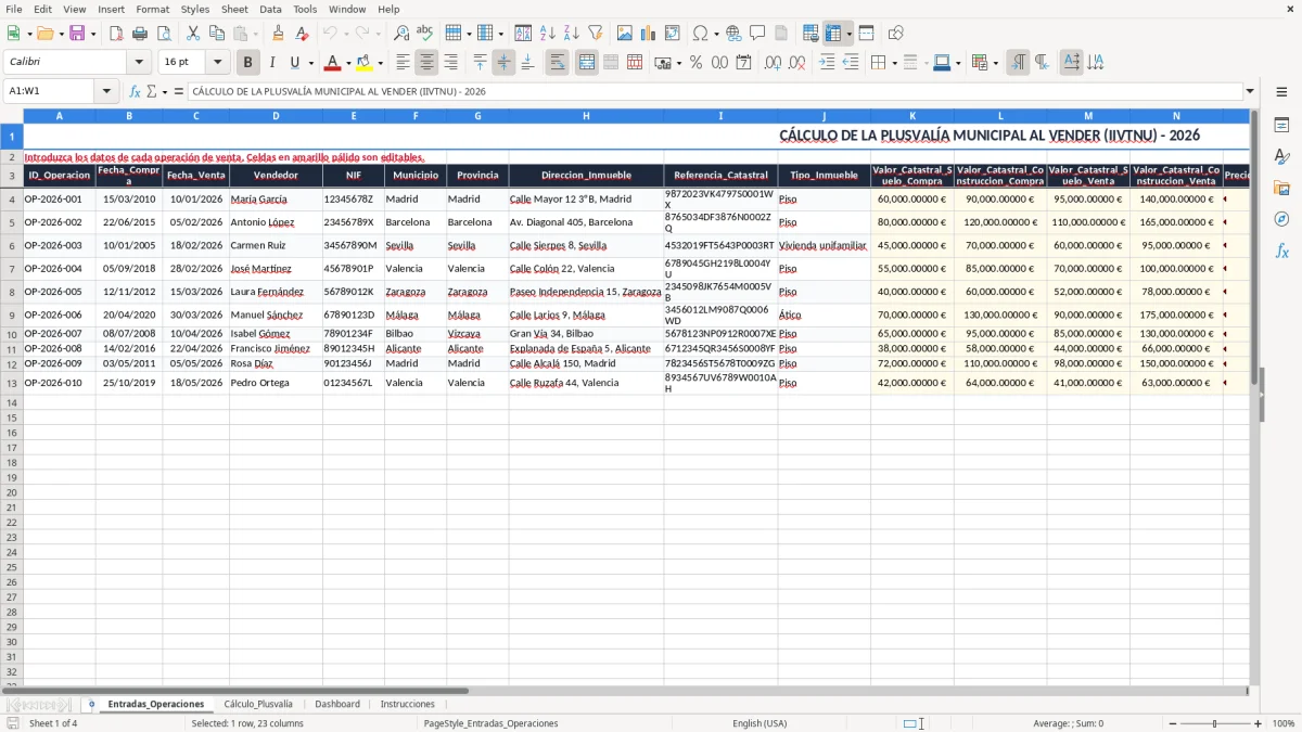 Captura 1: pestaña Entradas_Operaciones - Plantilla Excel cálculo de la plusvalía municipal al vender excel
