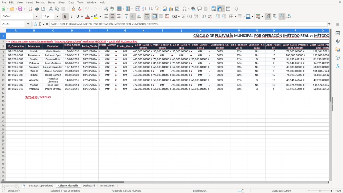 Captura 2: pestaña Cálculo_Plusvalía - Plantilla Excel cálculo de la plusvalía municipal al vender excel