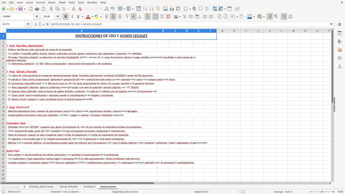 Captura 4: pestaña Instrucciones - Plantilla Excel cálculo de la plusvalía municipal al vender excel