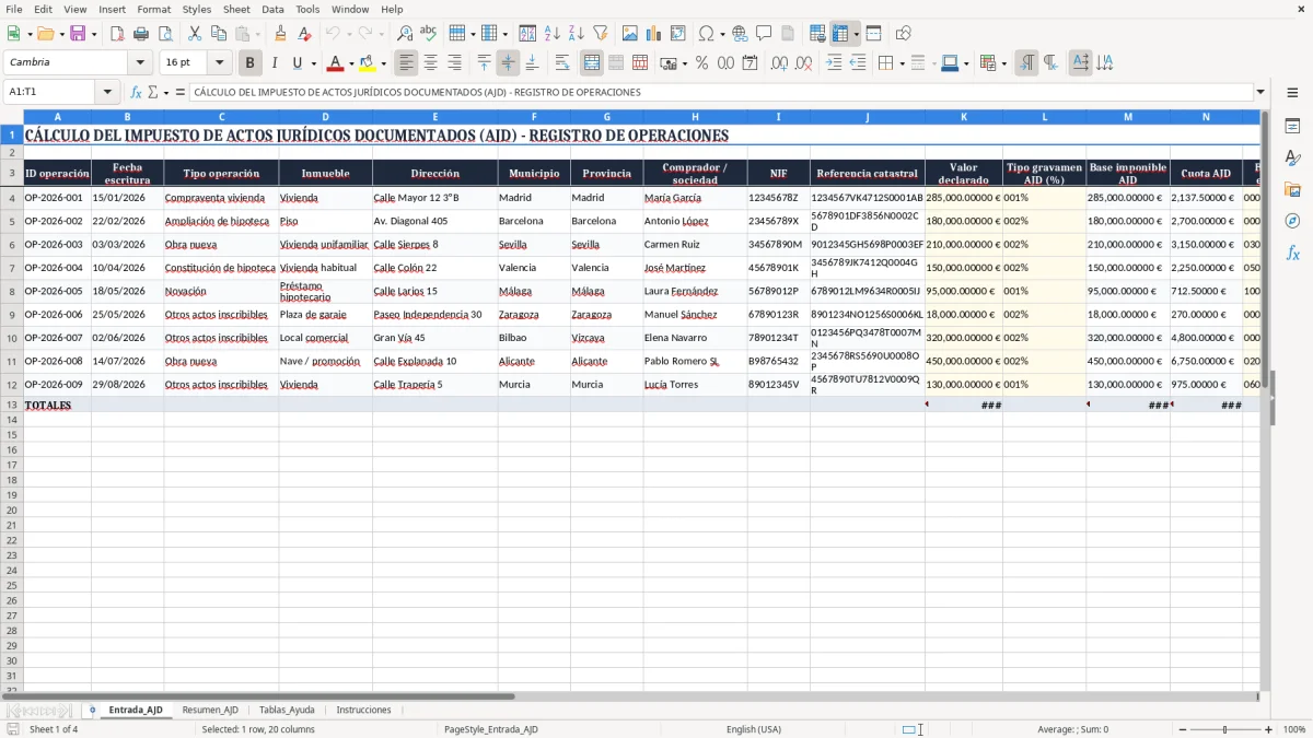 Captura 1: pestaña Entrada_AJD - Plantilla Excel cálculo del impuesto de actos jurídicos documentados excel