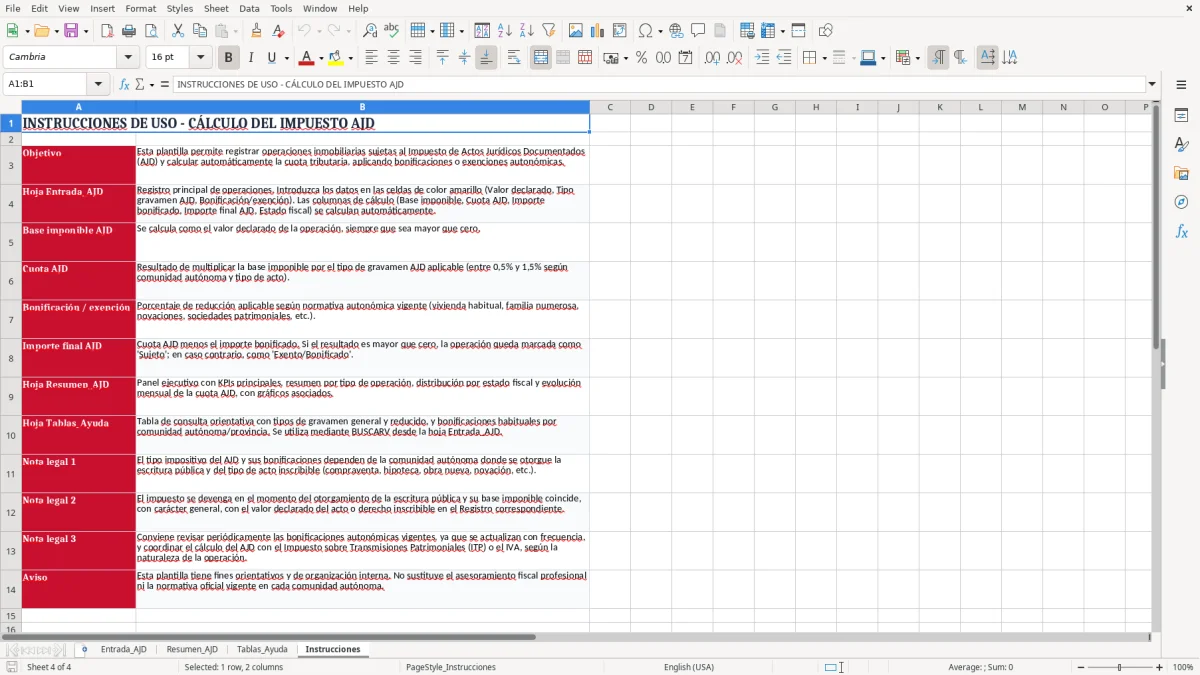 Captura 4: pestaña Instrucciones - Plantilla Excel cálculo del impuesto de actos jurídicos documentados excel