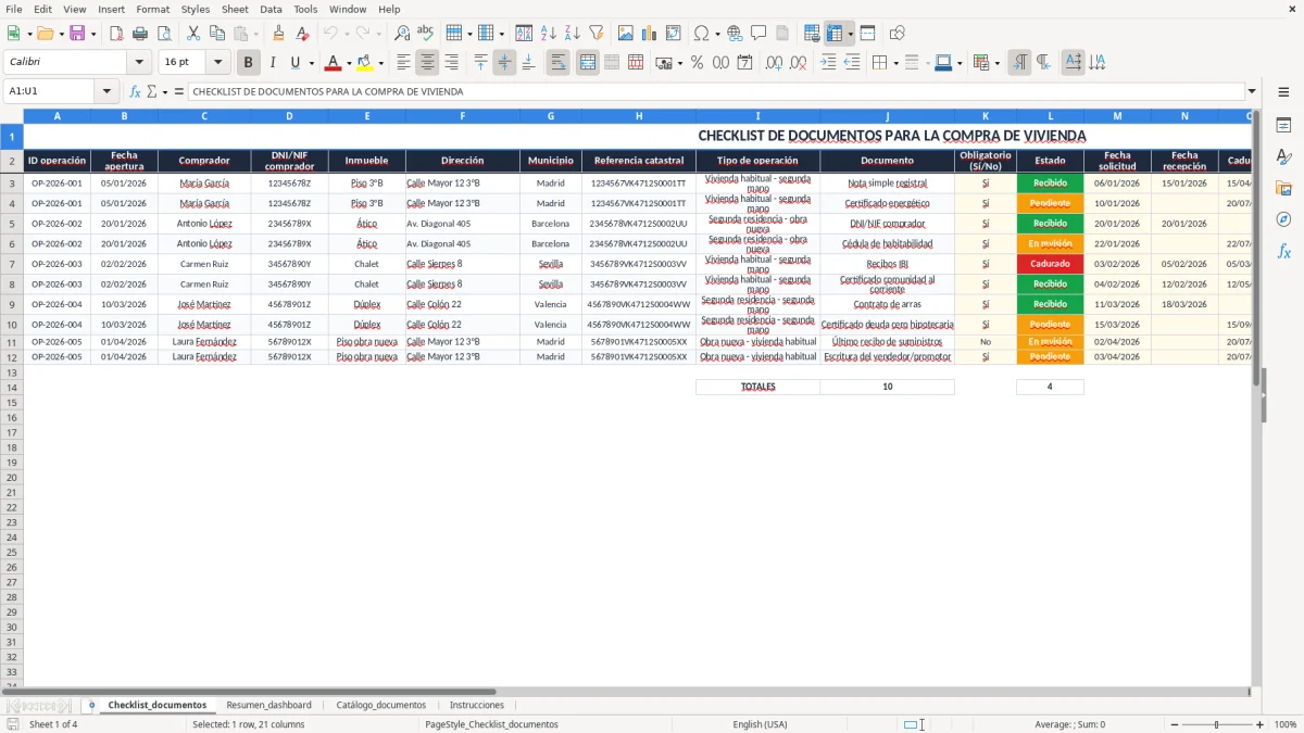 Captura 1: pestaña Checklist_documentos - Plantilla Excel checklist de documentos para comprar una vivienda excel