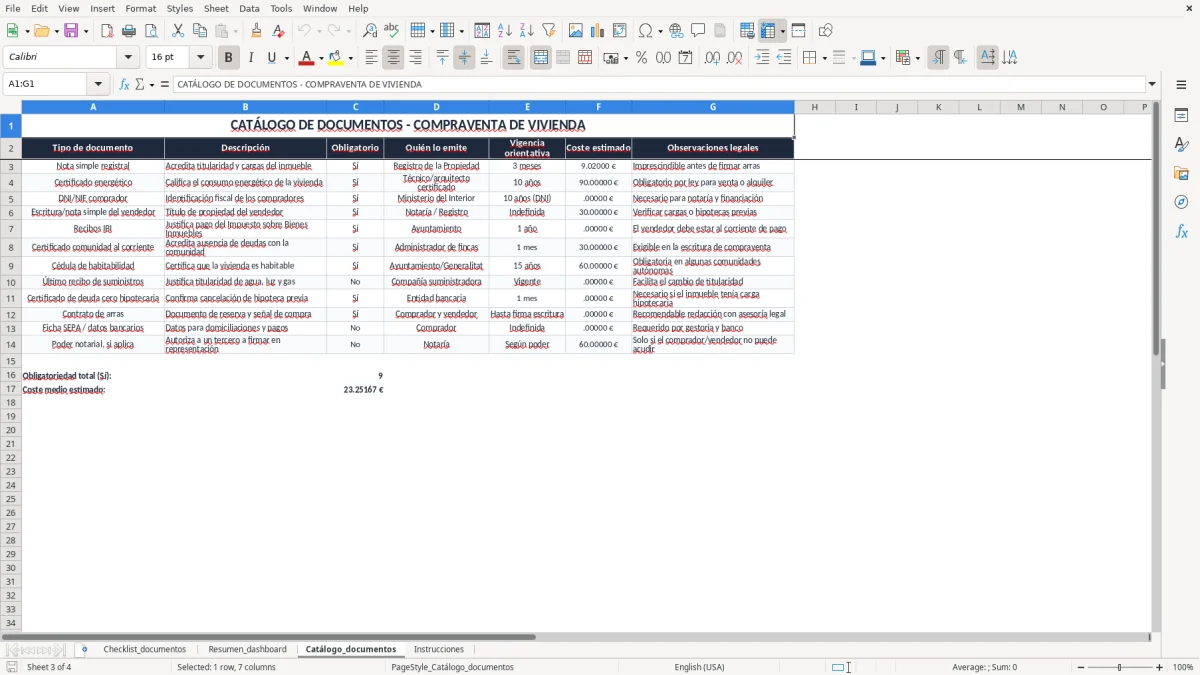 Captura 3: pestaña Catálogo_documentos - Plantilla Excel checklist de documentos para comprar una vivienda excel