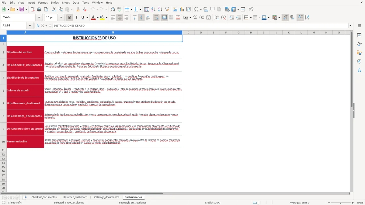 Captura 4: pestaña Instrucciones - Plantilla Excel checklist de documentos para comprar una vivienda excel