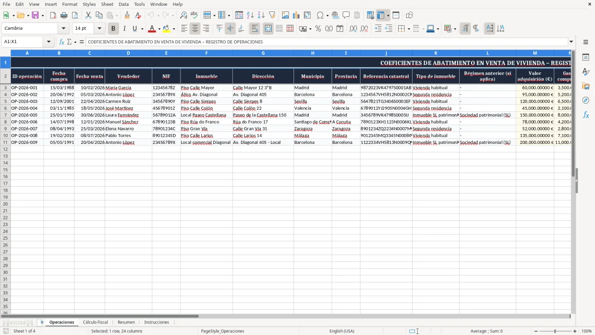 Captura 1: pestaña Operaciones - Plantilla Excel coeficientes de abatimiento en venta de vivienda excel