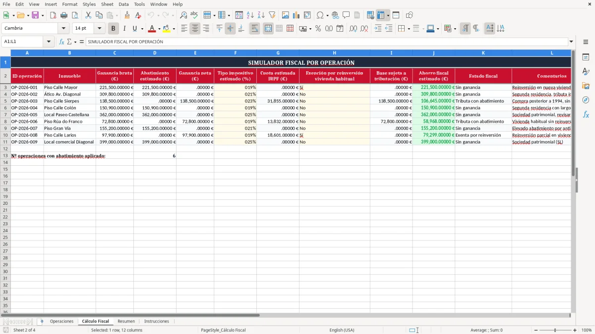 Captura 2: pestaña Cálculo Fiscal - Plantilla Excel coeficientes de abatimiento en venta de vivienda excel