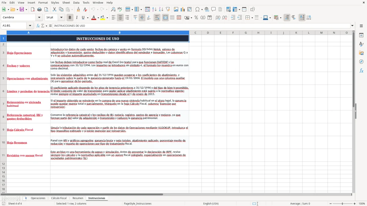 Captura 4: pestaña Instrucciones - Plantilla Excel coeficientes de abatimiento en venta de vivienda excel