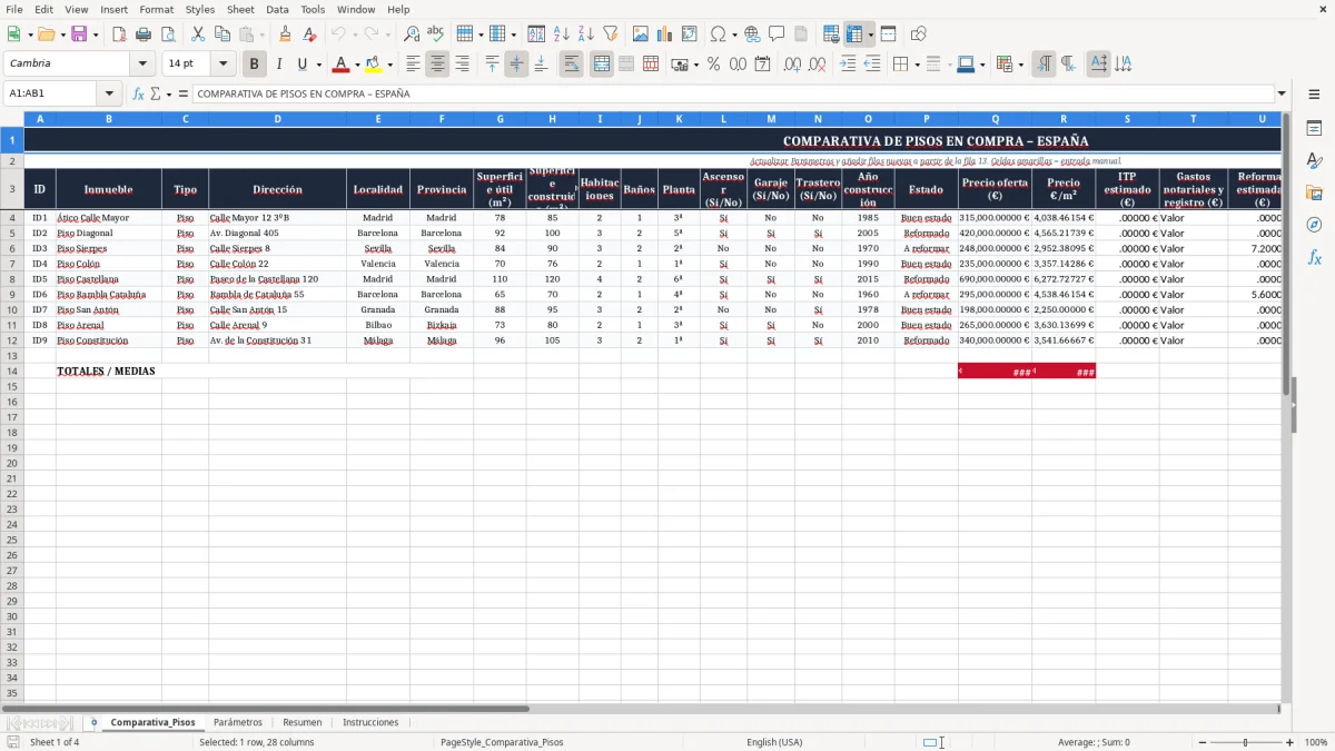 Captura 1: pestaña Comparativa_Pisos - Plantilla Excel comparativa de pisos en compra plantilla excel