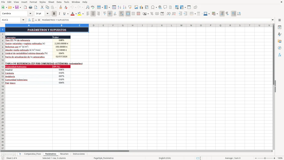 Captura 2: pestaña Parámetros - Plantilla Excel comparativa de pisos en compra plantilla excel