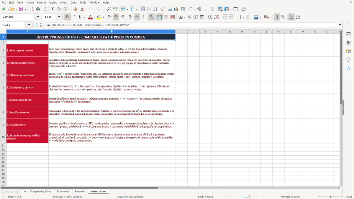 Captura 4: pestaña Instrucciones - Plantilla Excel comparativa de pisos en compra plantilla excel